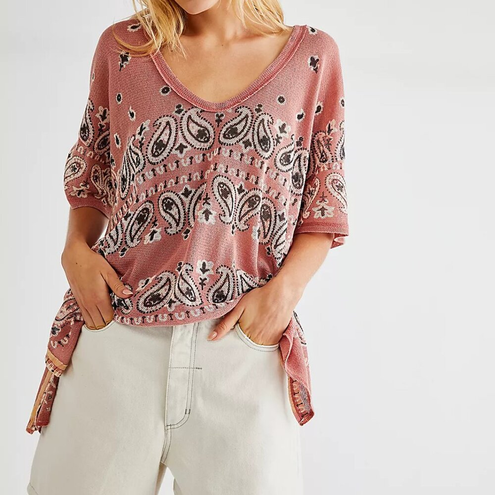 Free People No Matter What Top Small Rust Paisley Bandana Open Knit Oversized